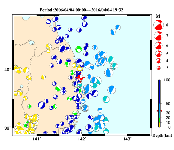 過去に起きた地震の初動発震機構解
