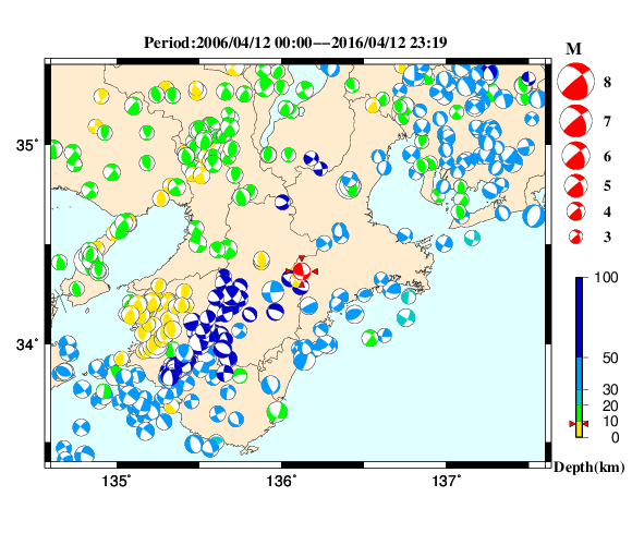 過去に起きた地震の初動発震機構解