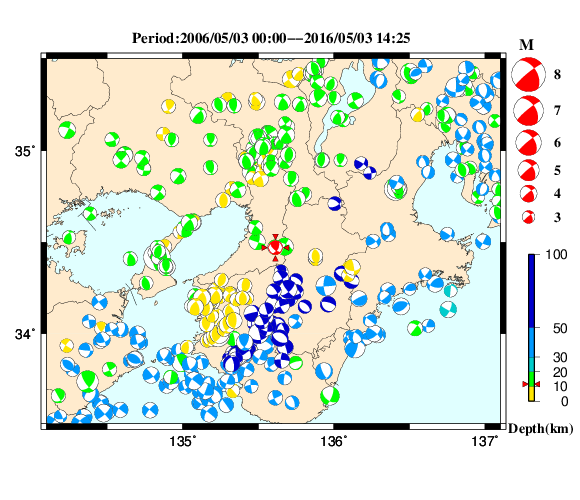 過去に起きた地震の初動発震機構解