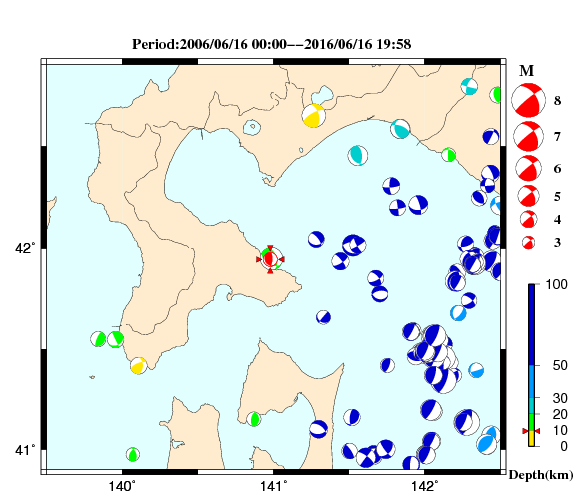 過去に起きた地震の初動発震機構解