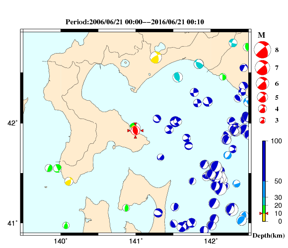 過去に起きた地震の初動発震機構解
