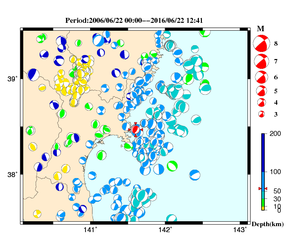 過去に起きた地震の初動発震機構解