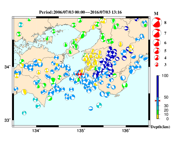 過去に起きた地震の初動発震機構解