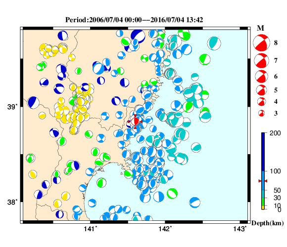 過去に起きた地震の初動発震機構解
