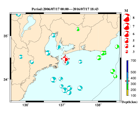 過去に起きた地震の初動発震機構解