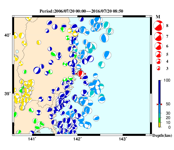 過去に起きた地震の初動発震機構解
