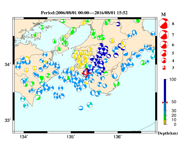 過去に起きた地震の初動発震機構解