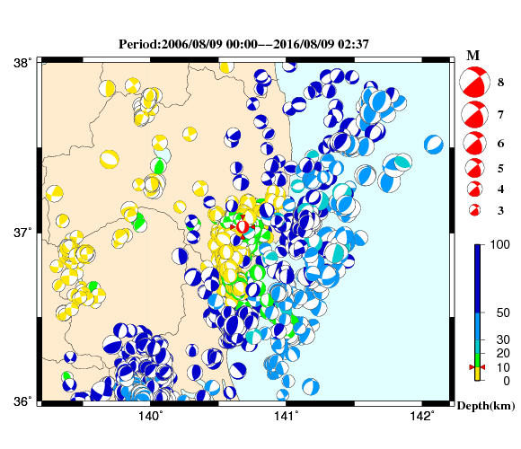 過去に起きた地震の初動発震機構解