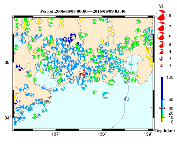 過去に起きた地震の初動発震機構解