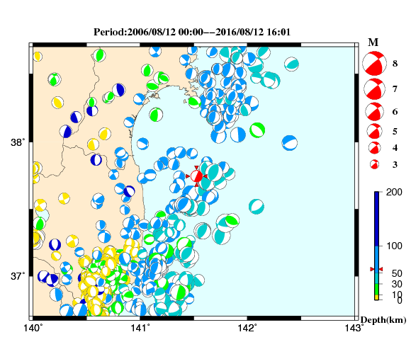 過去に起きた地震の初動発震機構解