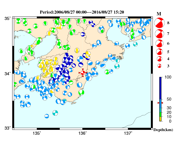 過去に起きた地震の初動発震機構解