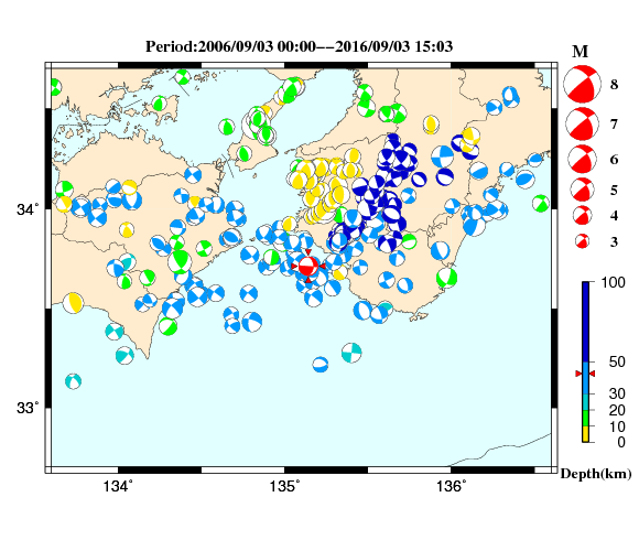 過去に起きた地震の初動発震機構解