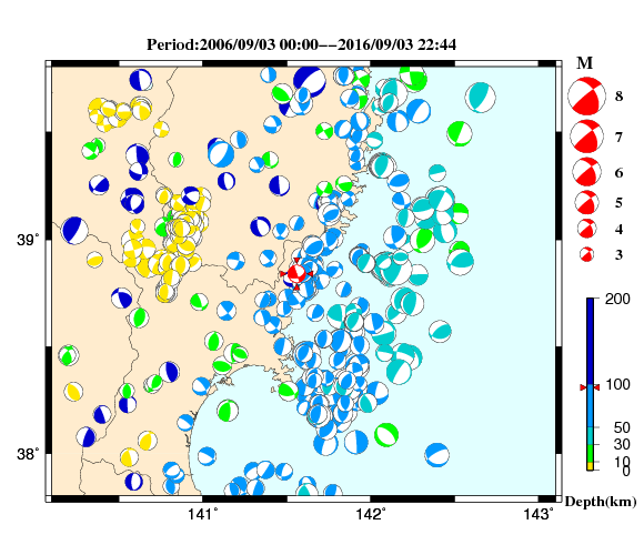過去に起きた地震の初動発震機構解