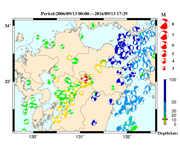 過去に起きた地震の初動発震機構解