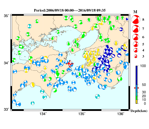 過去に起きた地震の初動発震機構解