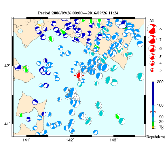 過去に起きた地震の初動発震機構解