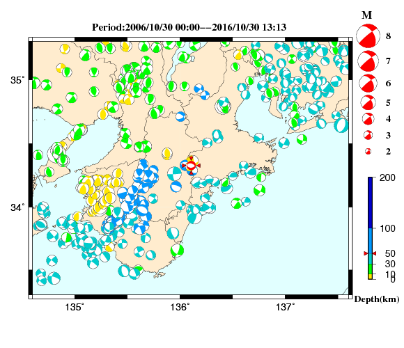 過去に起きた地震の初動発震機構解