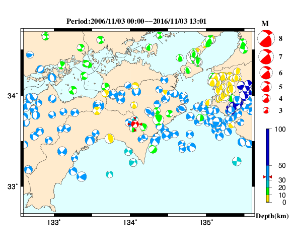 過去に起きた地震の初動発震機構解