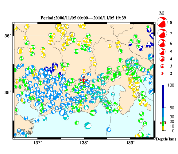 過去に起きた地震の初動発震機構解