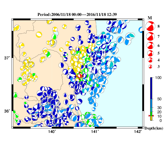 過去に起きた地震の初動発震機構解