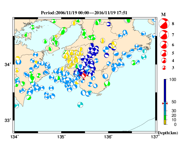 過去に起きた地震の初動発震機構解