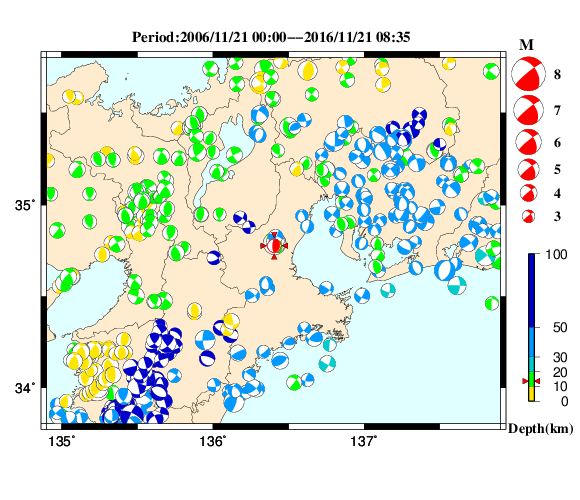 過去に起きた地震の初動発震機構解