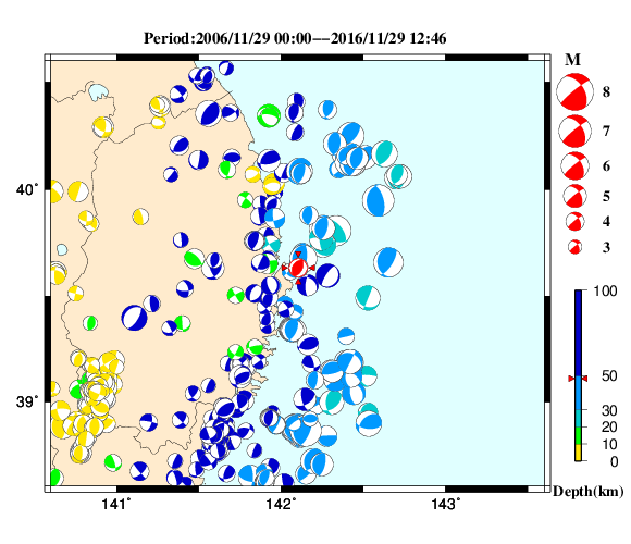 過去に起きた地震の初動発震機構解