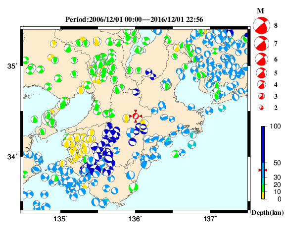 過去に起きた地震の初動発震機構解