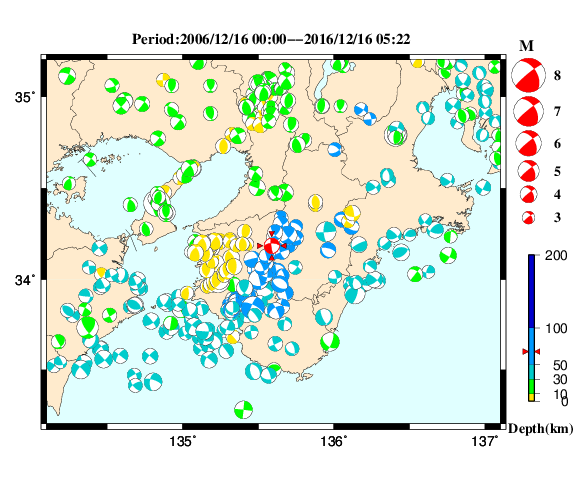 過去に起きた地震の初動発震機構解