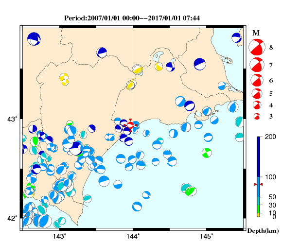 過去に起きた地震の初動発震機構解