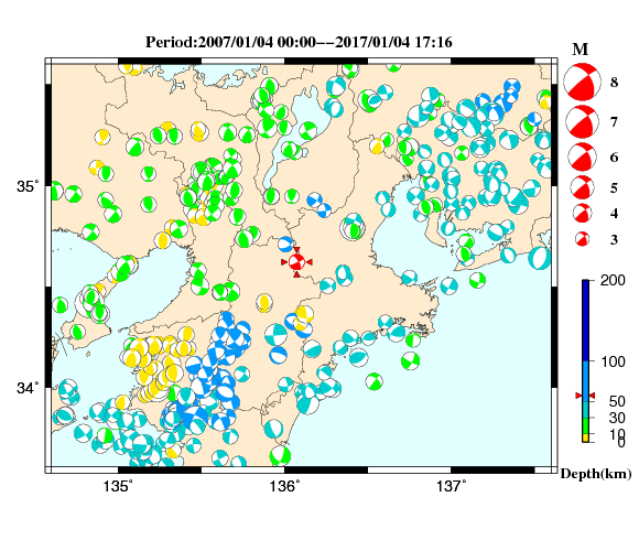 過去に起きた地震の初動発震機構解