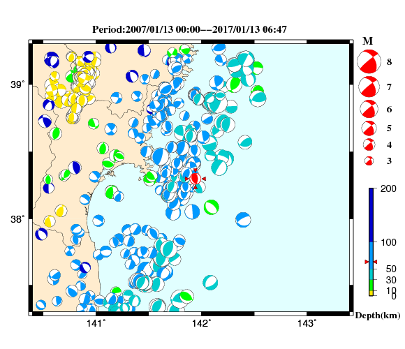 過去に起きた地震の初動発震機構解