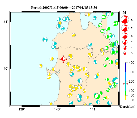 過去に起きた地震の初動発震機構解