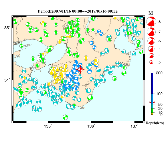 過去に起きた地震の初動発震機構解