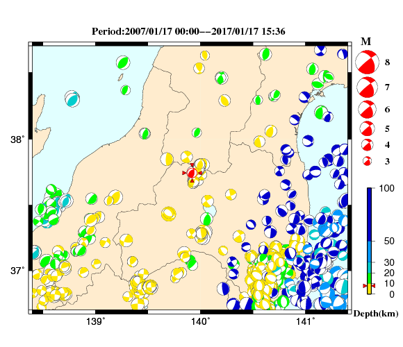 過去に起きた地震の初動発震機構解