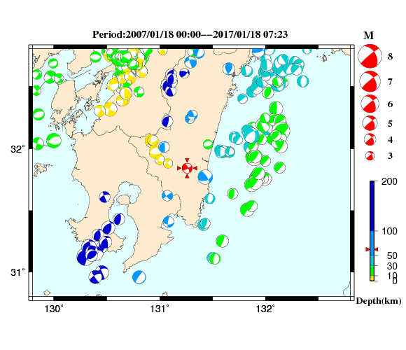 過去に起きた地震の初動発震機構解