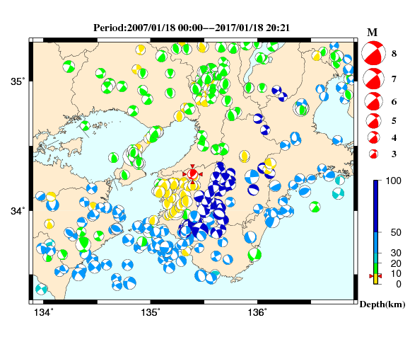 過去に起きた地震の初動発震機構解