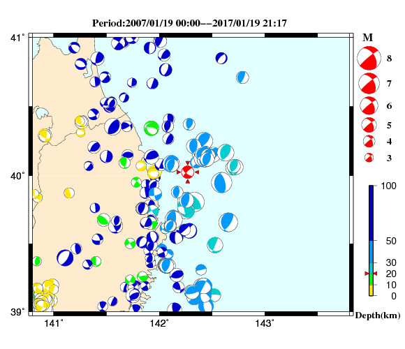 過去に起きた地震の初動発震機構解