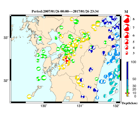 過去に起きた地震の初動発震機構解