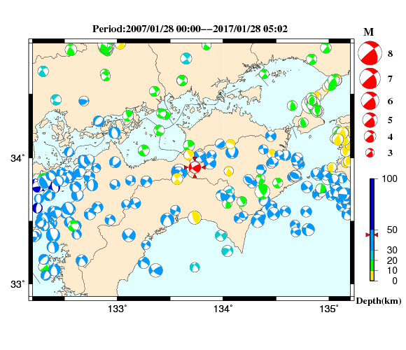 過去に起きた地震の初動発震機構解