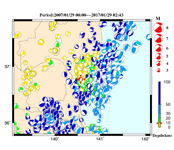 過去に起きた地震の初動発震機構解