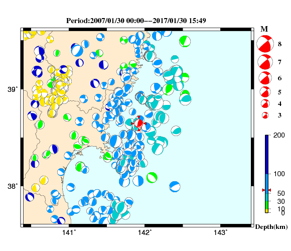 過去に起きた地震の初動発震機構解