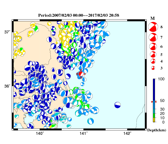過去に起きた地震の初動発震機構解