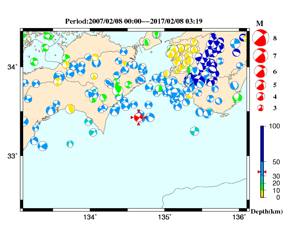過去に起きた地震の初動発震機構解