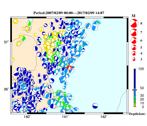 過去に起きた地震の初動発震機構解