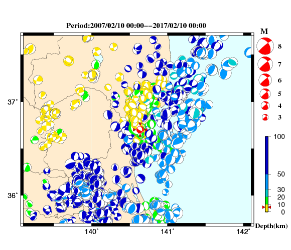 過去に起きた地震の初動発震機構解