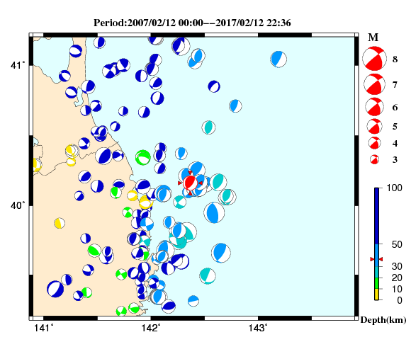 過去に起きた地震の初動発震機構解