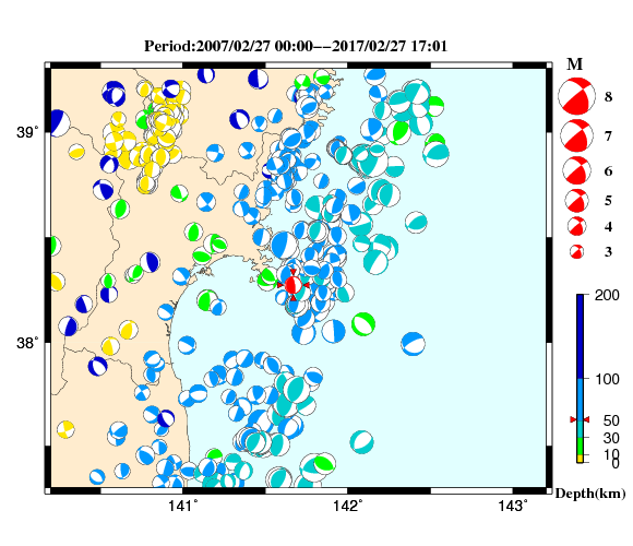 過去に起きた地震の初動発震機構解