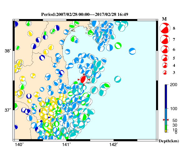 過去に起きた地震の初動発震機構解