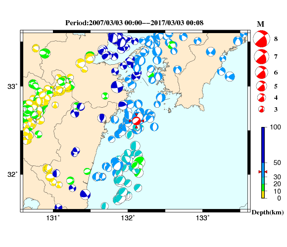 過去に起きた地震の初動発震機構解